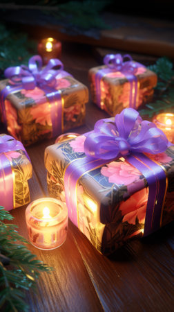 Beautifully wrapped presents sit on a wooden table near a candleの素材