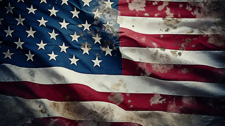 Close up of a weathered American flagの素材