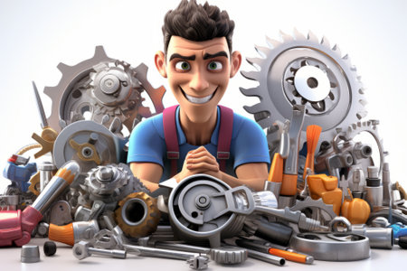 Happy repairman with pile of machine partsの素材