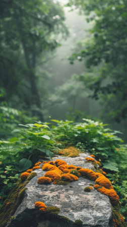 Close-up of orange lichen and green moss growing on a rock in a lush green forest with a soft focus backgroundの素材