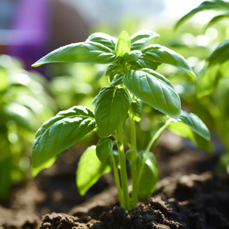 A close-up image of a basil plant growing in the garden soil with blurred backgroundの素材