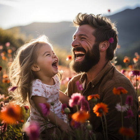 Father and daughter laughing in a field of flowersの素材