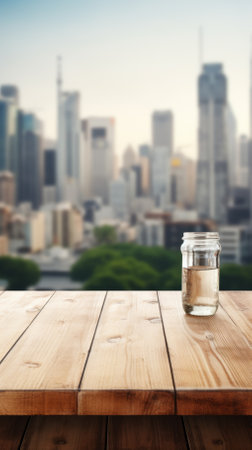 A jar of water on a wooden table with a blurred cityscape in the backgroundの素材