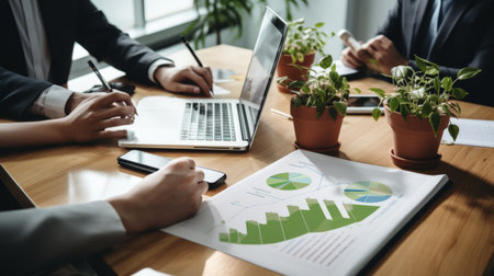 Business people discussing a project with graphs and charts on the tableの素材