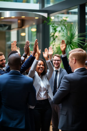 A group of business professionals celebrating their success with a high-five.の素材