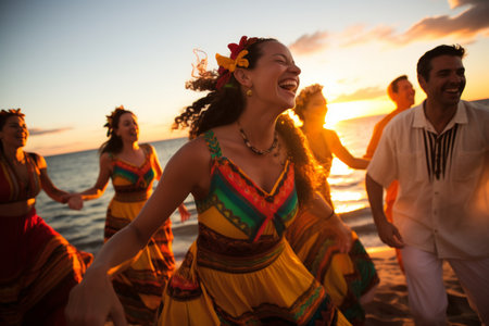 Happy Latin American friends dancing on beach at sunsetの素材
