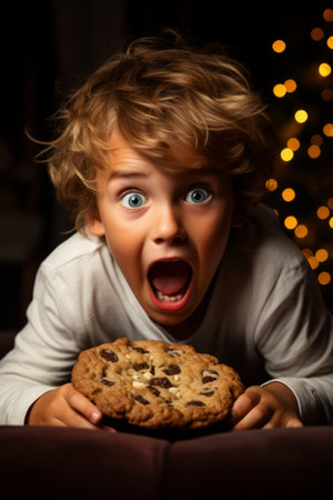 Portrait of a surprised young boy holding a large chocolate chip cookieの素材
