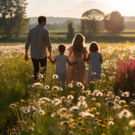 Family of four walking in a field of flowers during sunsetの素材