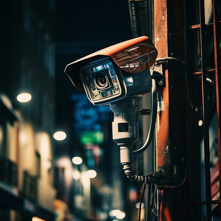 Surveillance camera mounted on a rusty pole in a dark alleyway.の素材