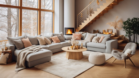 A cozy living room with a fireplace and a large sectional sofaの素材