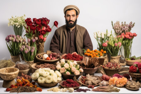 An Afghan man sits behind a table full of flowers and other natural objects.の素材