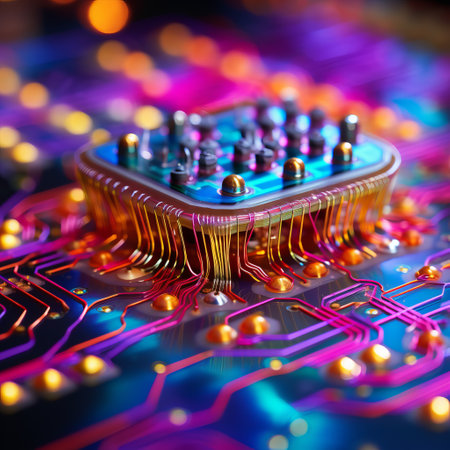 A close-up image of a computer chip with colorful lights reflecting off of its surface.の素材