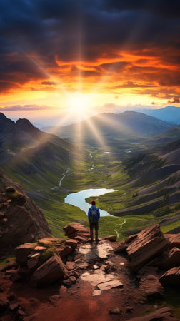 Man standing on a mountaintop overlooking a valley with a lake and river running through itの素材