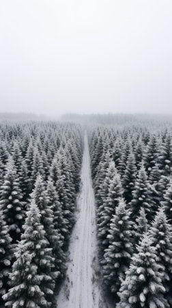 Snowy path through a dense pine forestの素材