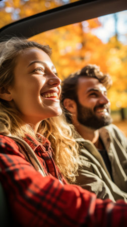 Young couple admiring the fall foliage from their carの素材