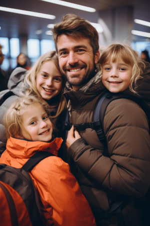 Happy family of four at the airport ready to travelの素材