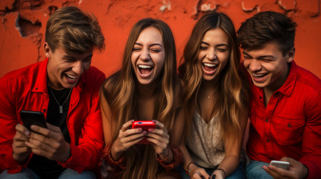 Four cheerful young friends laughing while looking at their phonesの素材