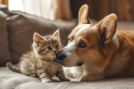 A cute kitten and a dog are lying on the couchの素材