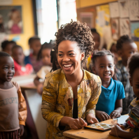 Happy African woman with group of childrenの素材