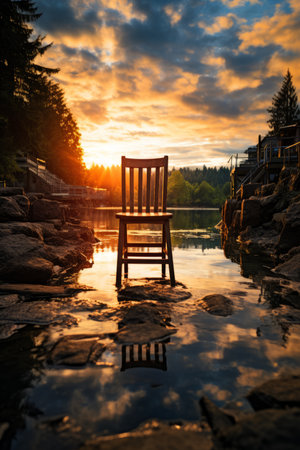 Wooden chair sitting in the middle of a lake at sunsetの素材