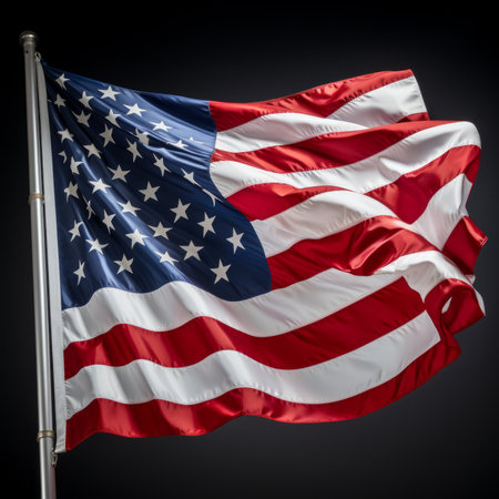 Close up of the American flag waving in the windの素材