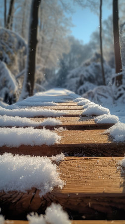 Wooden walkway covered with snow in a winter forestの素材
