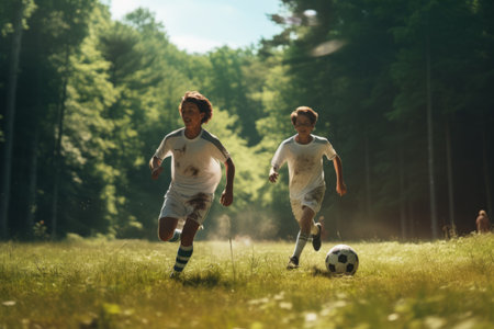 Two boys playing soccer in a fieldの素材