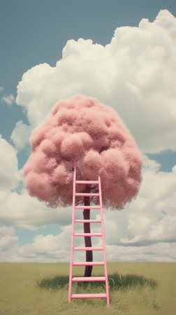 A pink surreal tree with a ladder leading up to itの素材