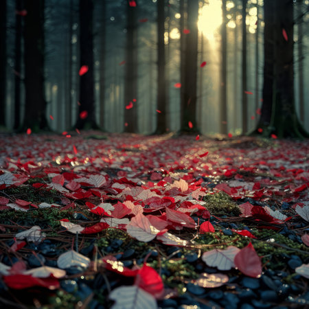 Red and white autumn leaves on the forest floor with a beautiful light flare in the backgroundの素材
