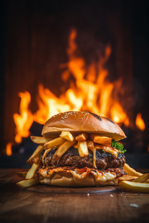 A cheeseburger with a side of fries sits on a wooden table with a fire in the backgroundの素材