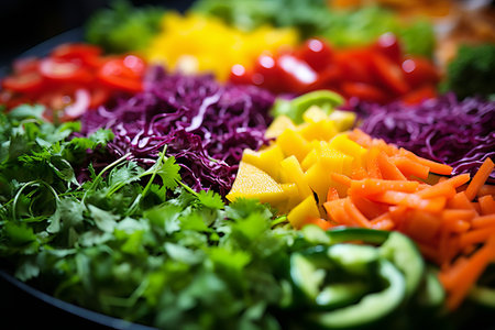 A colorful salad with cilantro, red cabbage, yellow peppers, carrots, and cucumbersの素材