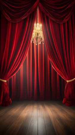 Red velvet theater curtains with a golden chandelier on a wooden stageの素材