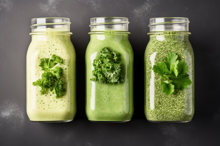 Three healthy green smoothies in glass jars with kale leavesの素材