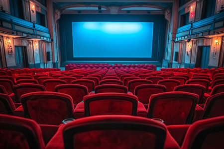 Empty red velvet theater seats facing large blue movie screenの素材