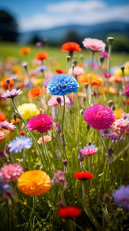 Close-up of a variety of colorful flowers in a fieldの素材