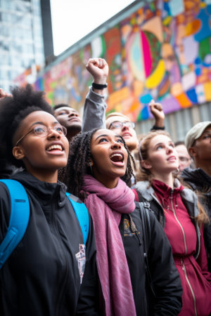 Group of diverse young people raising fists in front of colorful muralの素材