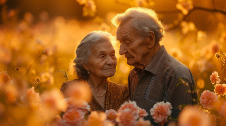 An elderly couple is standing in a field of flowers.の素材