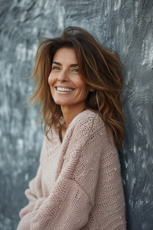 portrait of a smiling woman with brown hair wearing a pink sweaterの素材