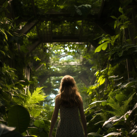 Young girl with long red hair in a white dress walking through a lush green jungle with sunlight streaming through the treesの素材