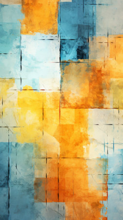 Brightly colored abstract painting with a grid patternの素材