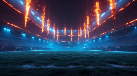 American football stadium on fire at nightの素材