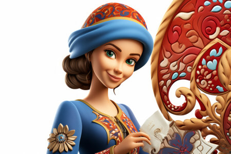 A young woman in a blue and red traditional dress is holding a bookの素材