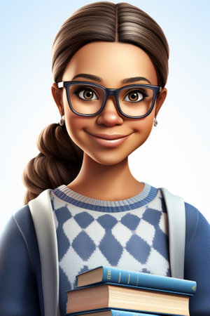 A smiling young woman with brown hair and glasses is wearing a blue sweater and holding a stack of books.の素材