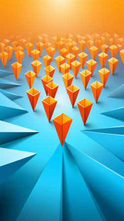 One orange pyramid standing out from the crowdの素材