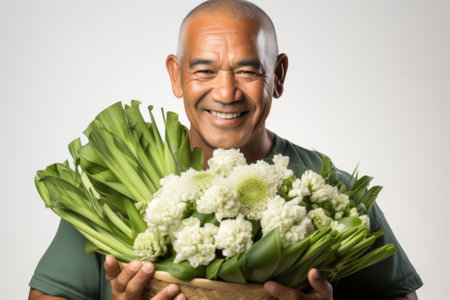 Portrait of a happy man holding a basket of fresh flowers and vegetablesの素材