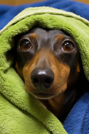 A dachshund dog wearing a green towelの素材