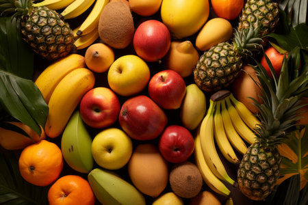 A variety of fruits including apples, bananas, pineapples, and orangesの素材