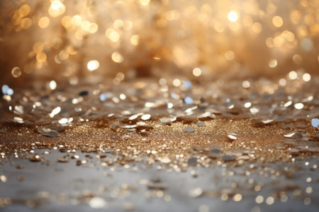Gold glitter background with shiny lights. Golden sparkles on a gray table.の素材