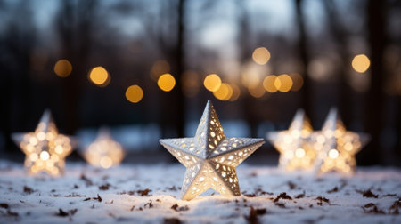 Five silver metal stars on snow with blurred lights in backgroundの素材