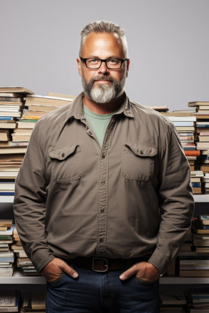 A middle-aged man with a beard and glasses is standing in front of a large stack of books.の素材